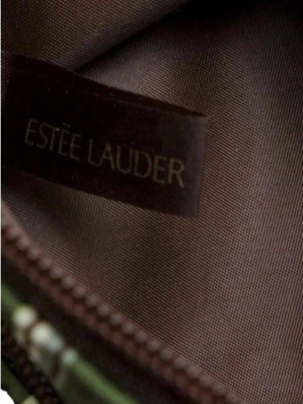 Estée Lauder Cosmetic Bag Makeup Travel Case Green Brown Striped NEW